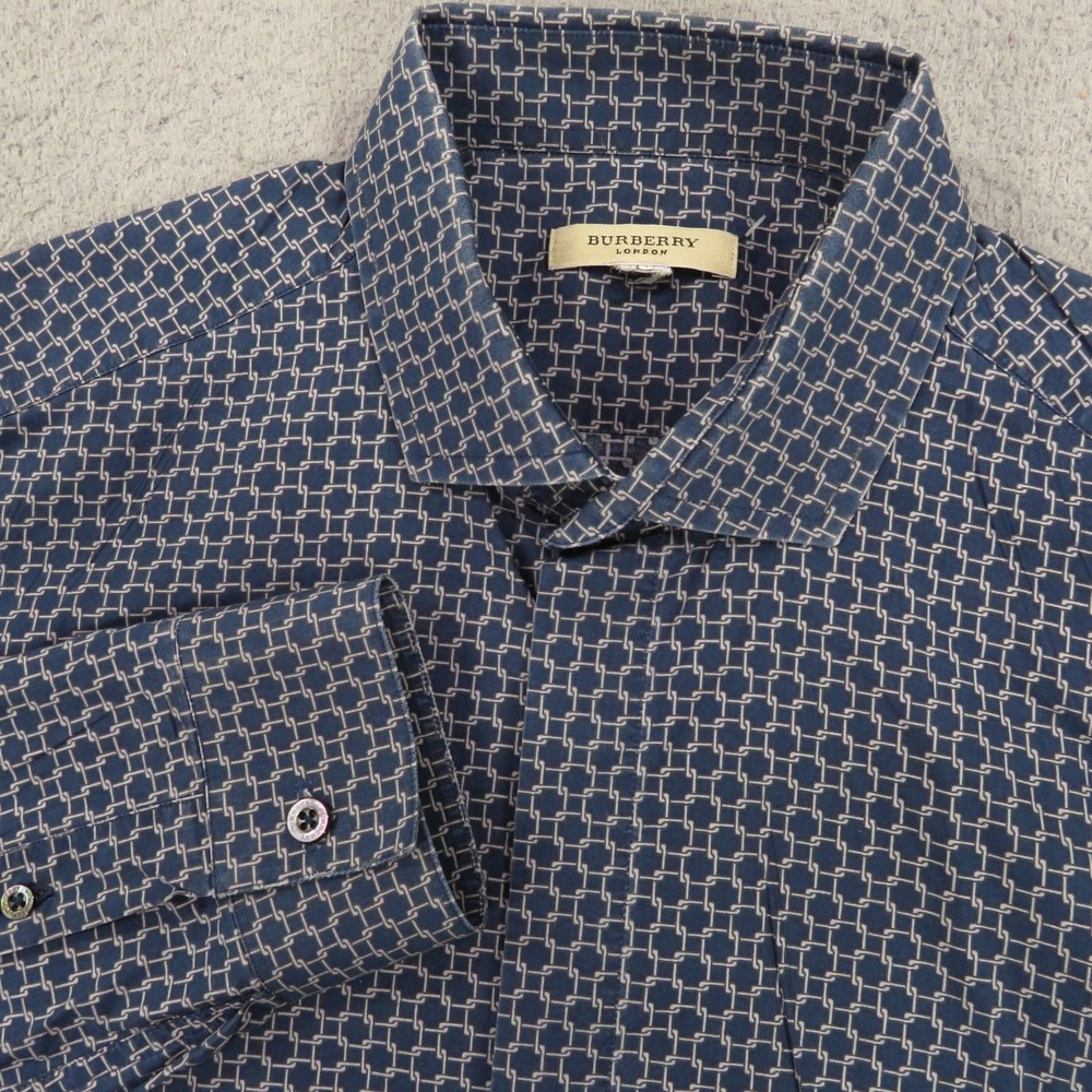 Burberry Shirt Mens Medium Slim Fit Navy Geometric Chain Link Designer Luxury